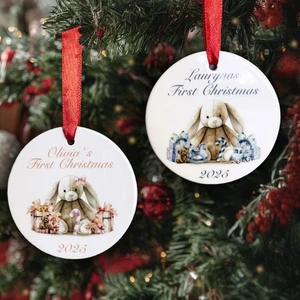 Personalised Baby First Christmas Ceramic Bauble Bunny Custom Ornament Xmas Gift - Picture 1 of 9
