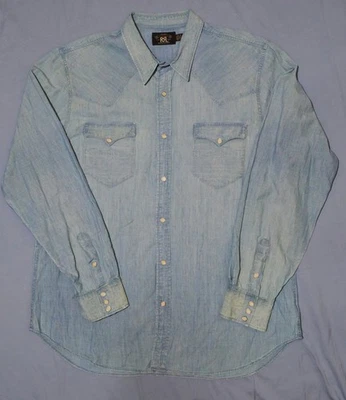Vtg RRL Ralph Lauren Cotton Concho & Snap Boot Stitch Indigo Denim Shirt XXL - Image 1 of 4