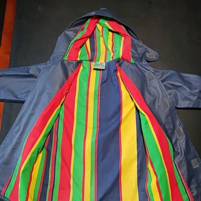 VTG Acadia Kids Hooded Rain Coat Jacket Sz 6X/7 Blue PVC Colorfully Lined parka - Image 1 of 4