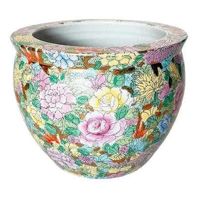 Винтажный китайский фарфор тысяча цветов Famille Rose Jardiniere горшок 8,5» диаметр - Изображение 1 из 4