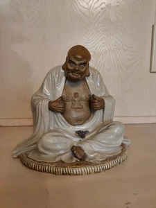 Smiling Buddha Sculpture/Figurine Glazed Bisque 7.5"T Carved Figure on Chest - Picture 1 of 16