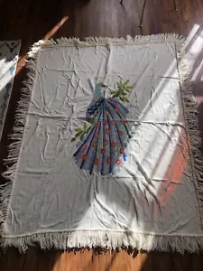 Vtg MCM Peacock Needlepoint Throw Blanket Afghan Bird Fringe Handmade 53”x67” - Picture 1 of 10