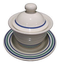 Pfaltzgraff Riverview Sugar Bowl with Lid & Saucer Plate - Blue & Green Stripes