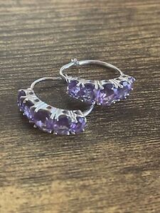 Vintage Sterling Silver Oval Purple Amethyst Gemstone Hoop Lever Back Earrings