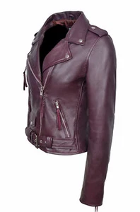 NEW Women Authentic Lambskin Leather Burgundy Jacket Slim Fit Biker Coat Belted - Picture 1 of 10