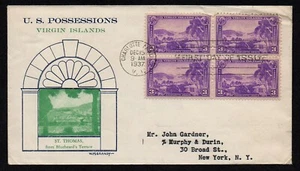 USA, SCOTT # 802, W.M. GRANDY FDC COVER 1937 US POSSESSIONS VIRGIN ISLANDS BLOCK - Picture 1 of 2