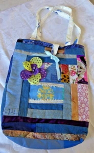 handmade quilted bag swith fabric flower cotton blues 17 x 12 inch 2 long handel - Picture 1 of 12