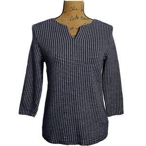 Talbots Top MED P dunkelblau weiß gewebt Ellenbogen Sl V-Ausschnitt Stretch Arbeit Basic - Bild 1 von 6