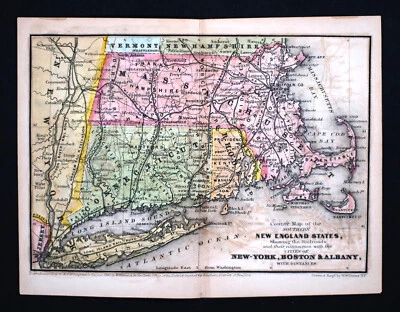Mapa Williams 1847 Nueva Inglaterra Massachusetts Connecticut Rhode Island Boston RR Foto 1 de 2