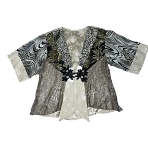 Spencer Alexis Size S Lace Silk Blend Mixed Media Cardigan Top Metallic Gold - Picture 1 of 9