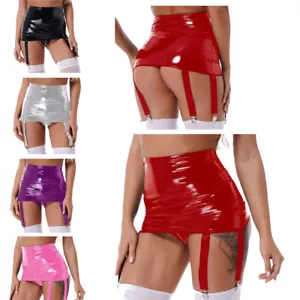 Women Wet Look Patent Leather Garter Belt High Waist Suspenders with Metal Clips - Picture 1 of 64