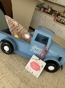 Easter Vintage Blue Metal Pick Up Truck Tree Farmhouse Tabletop Decor new 12x6” - Picture 1 of 10