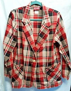 Vintage Jaclyn Smith Petite Women's Blazer Shoulder Pads Plaid Red Black Tan - Imagen 1 de 3