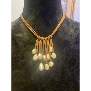 Handmade Brown Suede Necklace Freshwater Pearls 19” Boho Chic Western Hippie - Picture 1 of 5