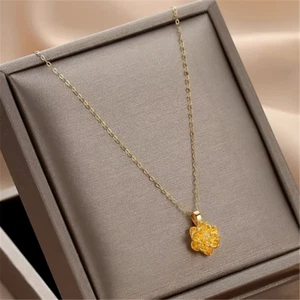 Real Pure 999 24K Yellow Gold Lotus Pendant With 18K O Link Necklace 17.9inch - Picture 1 of 4