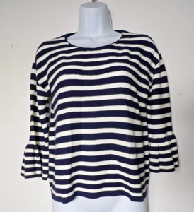 John Paul Richard Tunic Top Medium Knit Striped Bell Sleeve Boho Old Money Navy - Picture 1 of 12
