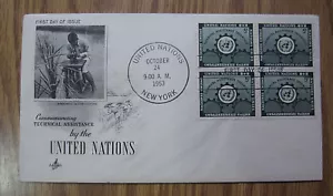 U.N. 1953, N.Y. #20, TECH. ASSISTENZA, INC. BLK/4 SU FDC, BELLO! LQQK! - Foto 1 di 1