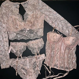 Victoria's Secret Long-sleeve M,M/DD,L BRA SET+garter CORSET BEIGE SILVER Blush - Picture 1 of 11