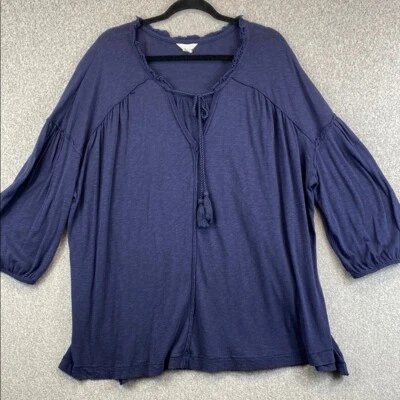 Blusa Caslon Boho 3X Azul Marino Volantes Ribete Costuras Crudas Ajuste Suelto Suave Elástico Foto 1 de 4