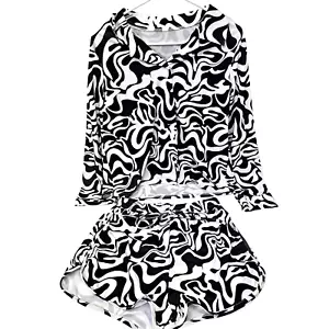 Womens Large Zebra Striped 2 Piece Lounge Pj Set Shorts High Waist Soft Pajamas - Picture 1 of 8