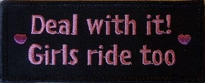 DEAL WITH IT - GIRLS RIDE TOO BLACK AND PINK EMBROIDERED VEST PATCH - Picture 1 of 1