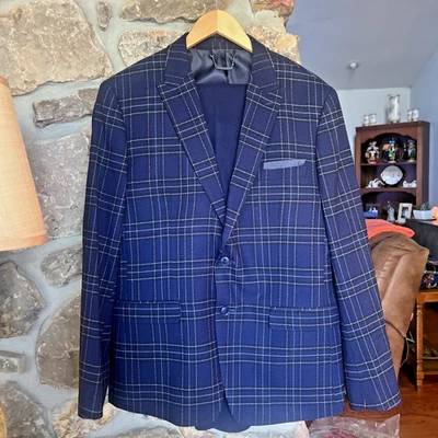 New Lief Horsens Suit 44 R Pants 38 Navy Blue Plaid Jacket Solid Pants NWT RT399 - Image 1 of 4