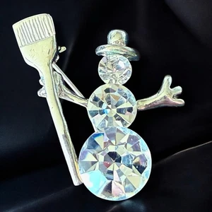 Snowman Brooch Rhinestone Crystal Silver Tone Vintage Holiday Christmas Pin - Picture 1 of 9