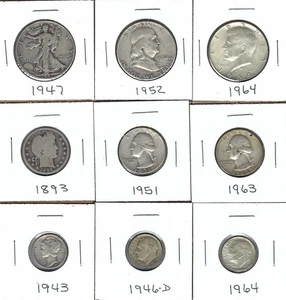NINE VARIOUS 90% SILVER U.S. COINS - NICE MIX - Picture 1 of 8