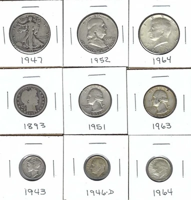 NINE VARIOUS 90% SILVER U.S. COINS - NICE MIX - Image 1 of 4