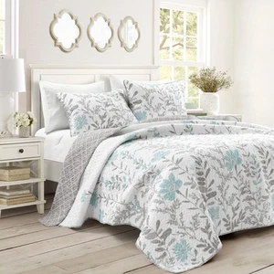Aprile Reversible 3 Piece Quilt Set, King, Blue & Gray - Picture 1 of 8