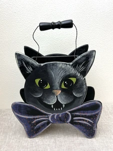 Vtg Halloween Black Cat Head w/Bow Wood Basket Wire Handle Decoration Spooky - Picture 1 of 5