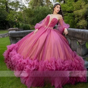 Elegante Vestido de Baile 15 Vestido de Quinceañera con Mangas Niveles Cuello en V Cuentas Cumpleaños - Imagen 1 de 10
