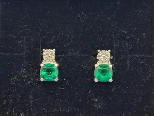 Pair 10ct White Gold Earrings w/ 4 Brilliant Cut Diamonds & 2 Created Emeralds - Picture 1 of 7