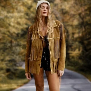 Women's Western Suede Leather Jacket with Fringe | Brown Studded Outfit - Picture 1 of 4