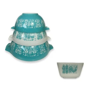 Vintage Pyrex Amish Butterprint Mixing Bowl Set + Fridgie – Turquoise & White - Picture 1 of 14
