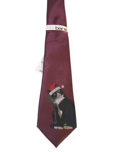 NWT Bar III Mens Tie Necktie Designer Luxury Burgundy Cat in Santa Hat Novelty - Picture 1 of 14