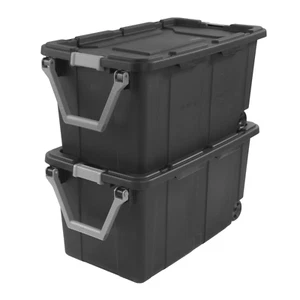 40 Gallon Storage Box Wheeled Industrial Tote Plastic Bin Flat RED Set Of 2 - Picture 1 of 9