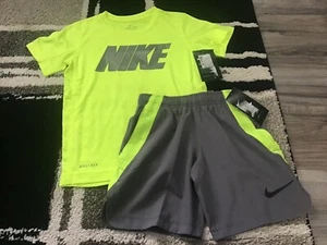 Boys Nike Drifit short sleeve tee & shorts neon yellow & gray size 5/6(NWT) - Picture 1 of 4