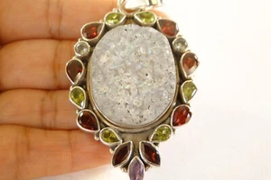 Druzy Drusy Quartz Garnet Peridot Amethyst Topaz 925 Sterling Silver Pendant - Picture 1 of 4
