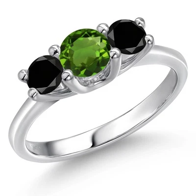1.04 Ct Round Green Chrome Diopside Black Diamond 14K White Gold Ring - Image 1 of 4
