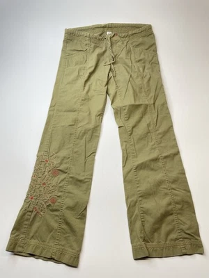 PrAna Women's Sz M Green Pants Wide Leg Cotton Embroidered Flowers Hippie - Image 1 of 4