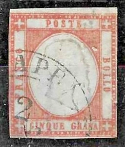 ITALY,   SG 5. FIVE GRANA  RED, USED  on WHITE PAPER  . 1861. - Picture 1 of 1