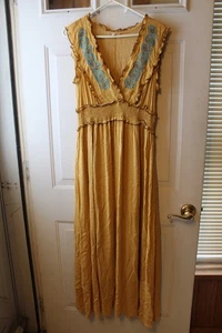 MYSTREE SIZ L GOLD W/ TINY WHITE POLKA DOTS GAUZY RAYON MAXI DRESS SMOCKED - Picture 1 of 7