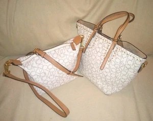 Cartera y bolso de mano Calvin Klein blanco, marrón y dorado mediano-grande con correa ajustable - Imagen 1 de 17