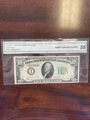 1934 C Minneapolis $10 Dollar Bill Federal Reserve Note Fr#2008-I  58 EPQ - Image 1 of 2