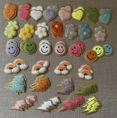 75 Pcs Self Adhesive Chenille Patches Smile Face Heart Flower Rainbow Lgtg Bolt - Image 1 of 4
