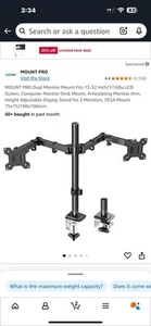 Black Dual 17" to 32" Monitor and Laptop Pneumatic Arm Desk Mount - Picture 1 of 7