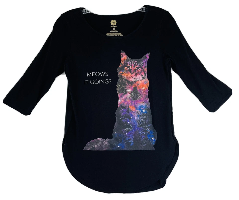 Camiseta TOTAL GIRL Meows It Going para niña gráfica dobladillo redondo XL 16 manga 3/4 Foto 1 de 4
