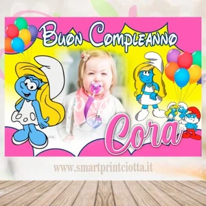 Striscione Banner COMPLEANNO Puffetta Puffi foto nome Feste - Foto 1 di 1