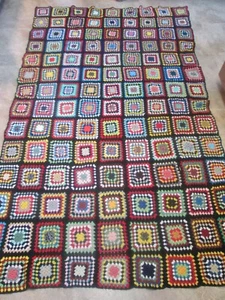 Vtg Hand Crochet Granny Square Wool Blanket Throw 59x91 Roseanne BRIGHT & CLEAN - Picture 1 of 3